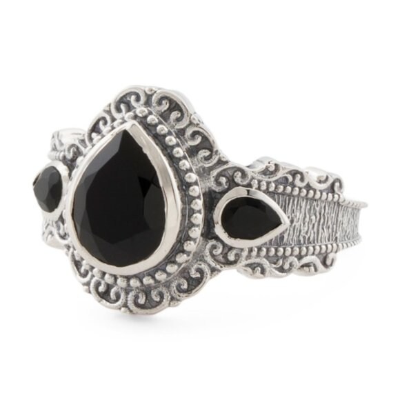 SHIVAM Made In India Sterling Silver Black Onyx Scroll Ring - Picture 1 of 2